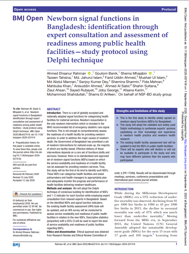  Newborn signal functions in Bangladesh: identification through expert consultation and assessment of readiness among public health facilities study protocol using Delphi technique