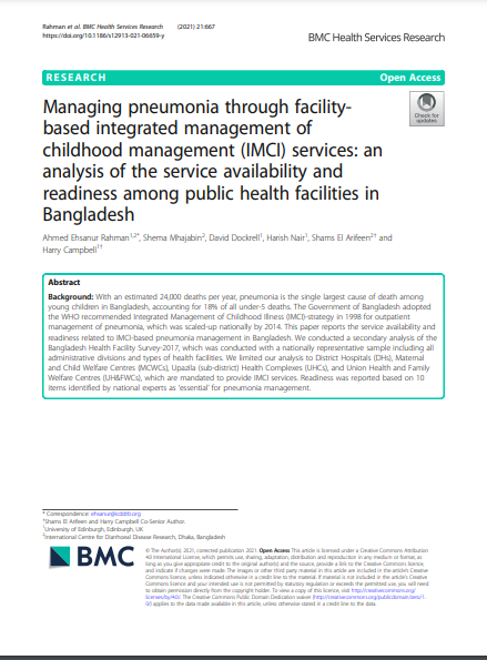 Managing pneumonia through facility-based Integrated Management of Childhood Management (IMCI) Services: an analysis of the service availability and readiness among public health facilities in Bangladesh