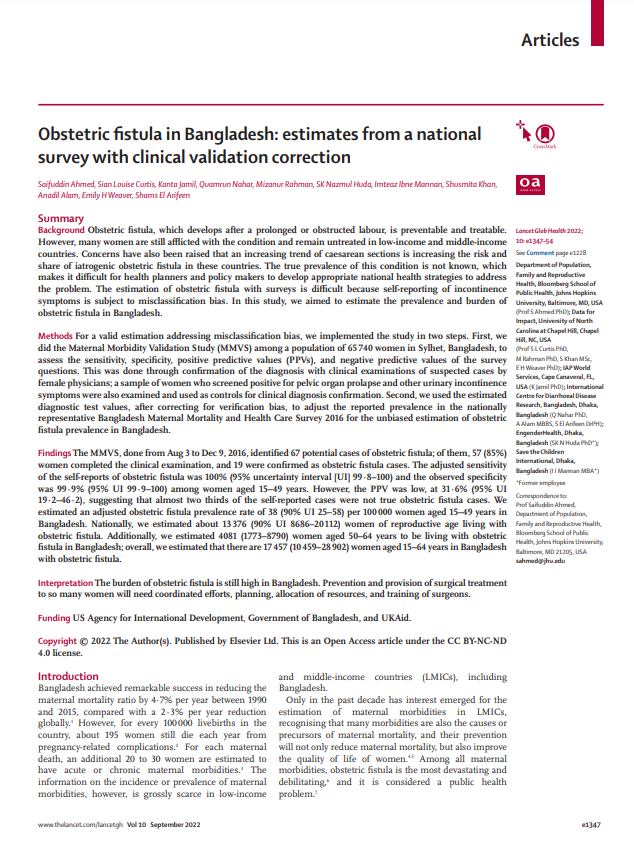 Obstetric fistula in Bangladesh: estimates from a national survey with clinical validation correction