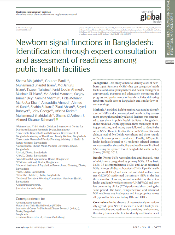 Newborn Signal Functions in Bangladesh: Identification through expert consultation and assessment of readiness among public health facilities
