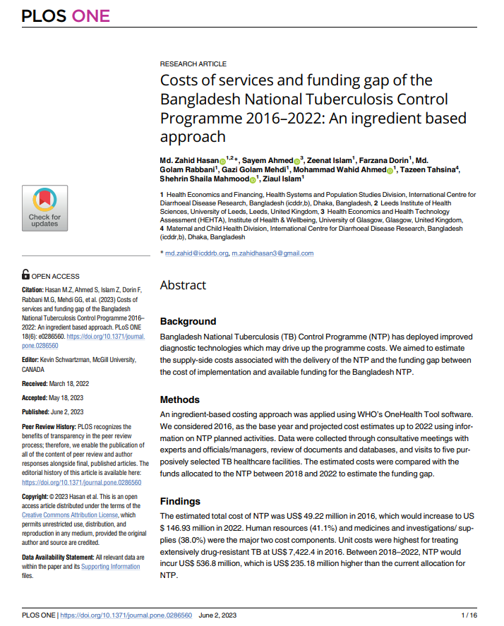 Costs of services and funding gap of the Bangladesh National Tuberculosis Control Programme 2016–2022: An ingredient based approach