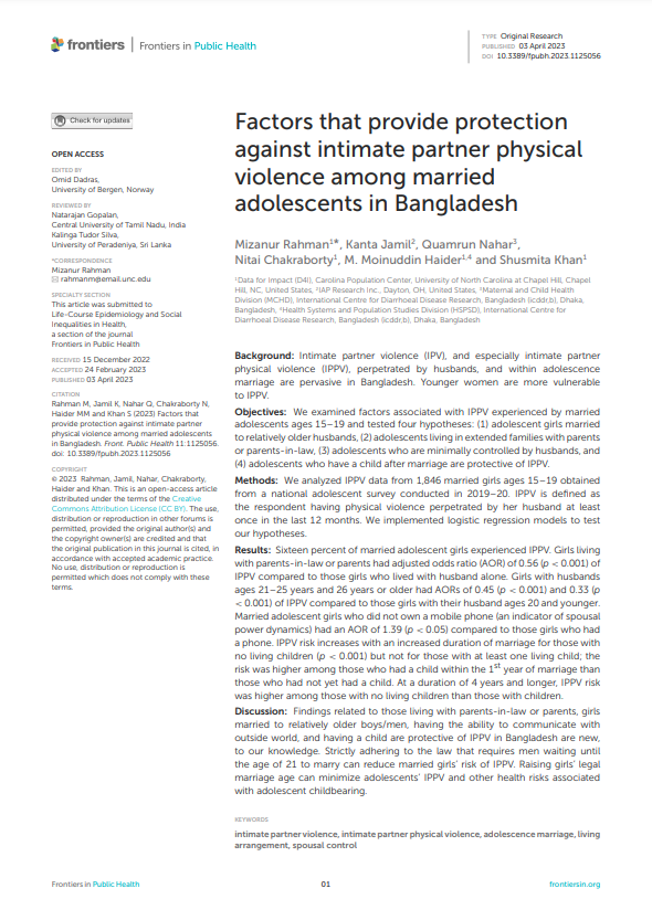Factors that provide protection against intimate partner physical violence among married adolescents in Bangladesh