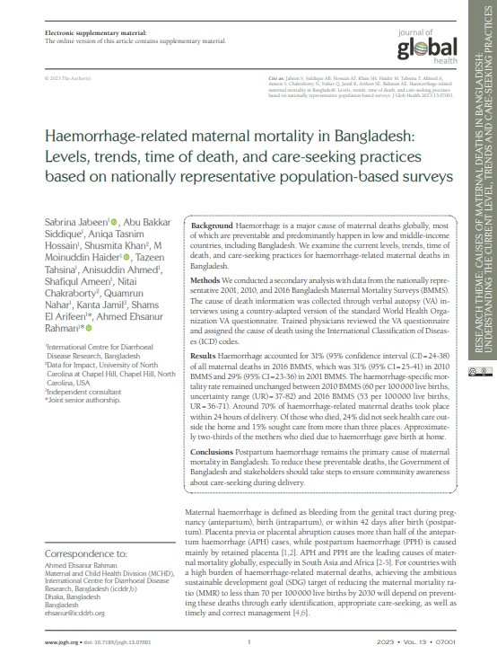 Haemorrhage-related maternal mortality in Bangladesh:  Levels, trends, time of death, and care-seeking practices  based on nationally representative population-based surveys