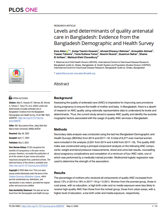 Levels and determinants of quality antenatal care in Bangladesh: Evidence from the Bangladesh Demographic and Health Survey