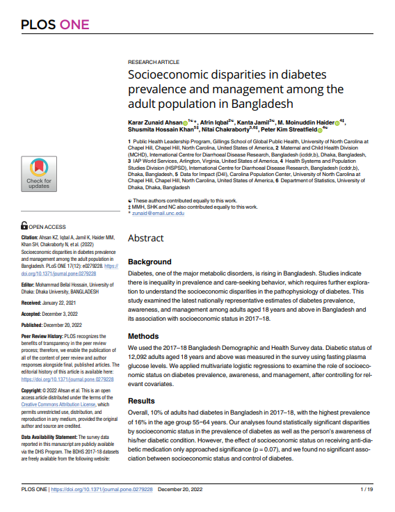 Socioeconomic disparities in diabetes prevalence and management among the adult population in Bangladesh