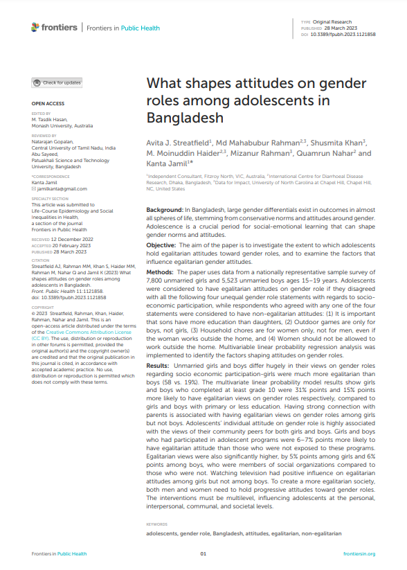 What shapes attitudes on gender roles among adolescents in Bangladesh