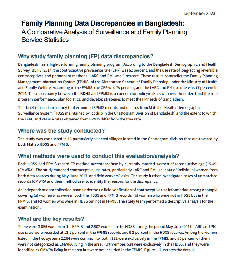 Family Planning Data Discrepancies in Bangladesh: A Comparative Analysis of Surveillance and Family Planning  Service Statistics