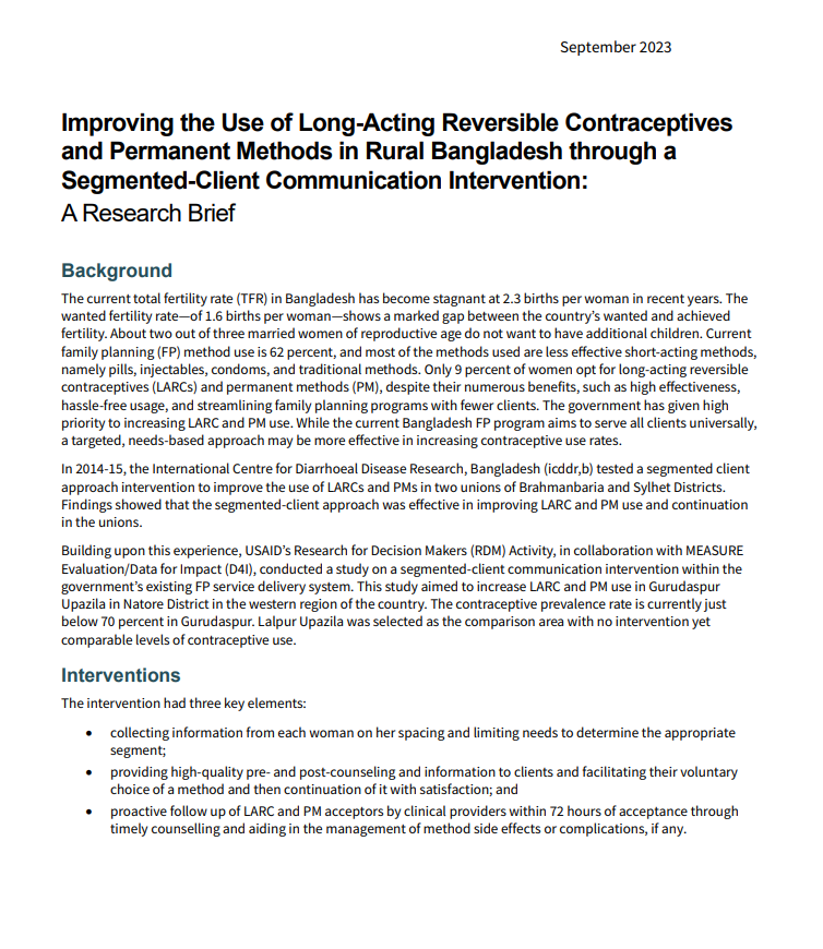 Improving the Use of Long-Acting Reversible Contraceptives  and Permanent Methods in Rural Bangladesh through a  Segmented-Client Communication Intervention:  A Research Brief