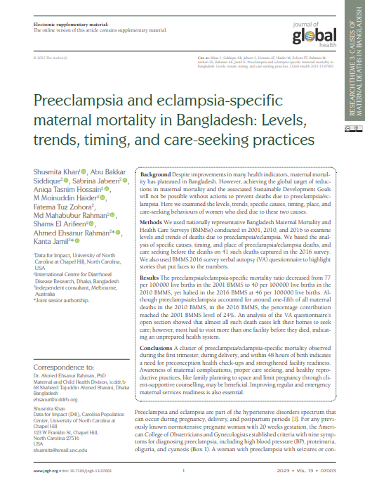 Preeclampsia and eclampsia-specific maternal mortality in Bangladesh: Levels, trends, timing, and care-seeking practices